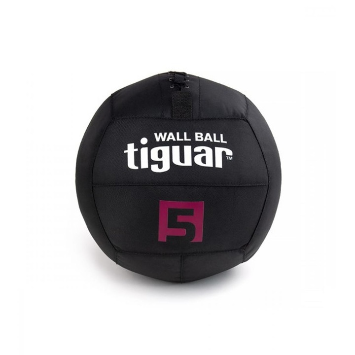 Minge fitness Tiguar Wallball 5 kg, neagra, material PVC, rezistenta la apa, antiderapanta