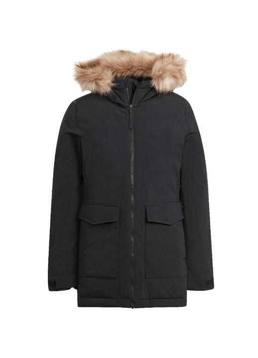 Adidas parka kabát, levehető szőrmés kapucni, fekete, újrahasznosított anyag, XL INTL