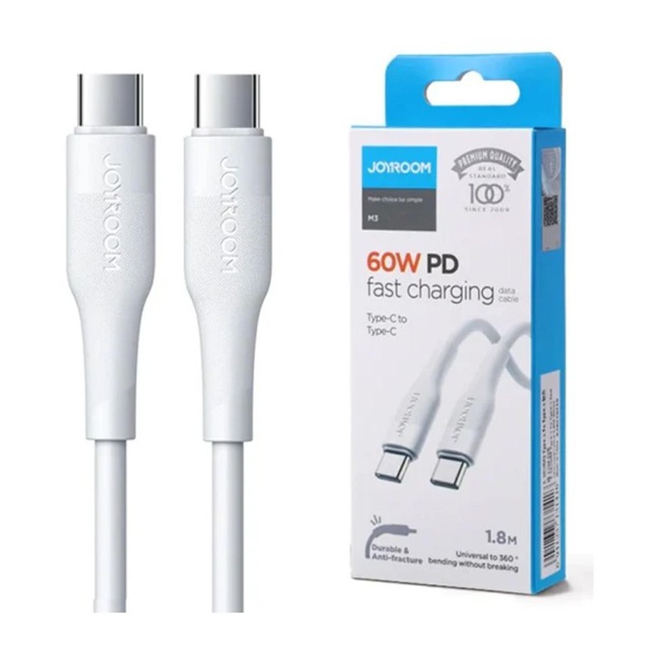 Joyroom M3 adat- és gyorstöltő kábel, USB-C – USB-C, 60W Power Delivery, QC 3.0, 3A, 1.2m hosszúság, 480Mbps adatátvitel, fehér, Samsung, Huawei, MacBook kompatibilis