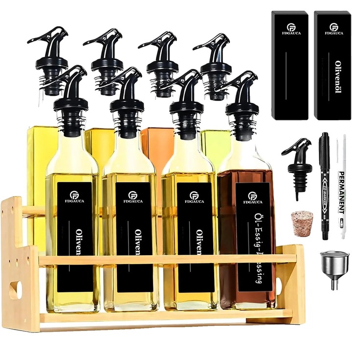 Set de sticle pentru ulei si otet, 8 sticle, suport din bambus, 2 niveluri, 250ml fiecare