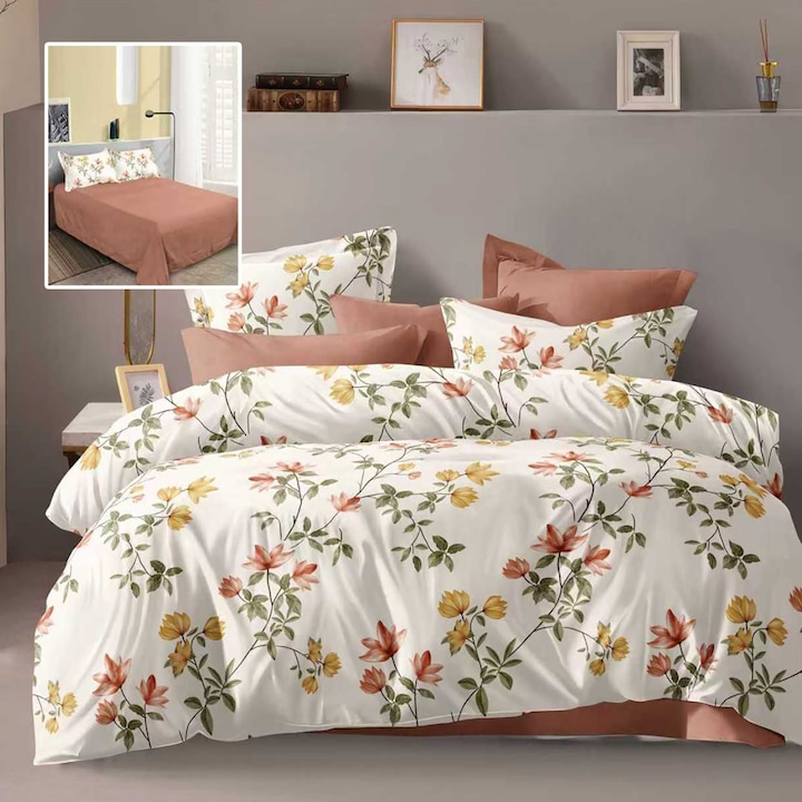 Economy dupla ágynemű 4 részes, lepedő 230x250 cm és paplan 200x230 cm, 2 párnahuzat 50x70, krémszínű / narancssárga virágok ECN48