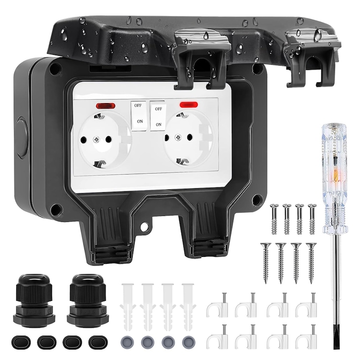 Priza de exterior Anikers, dubla cu capac, impermeabila IP66, negru, pentru gradina si spatii umede