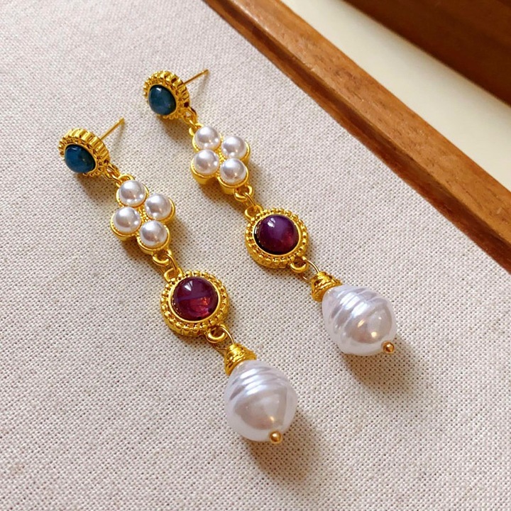 Cercei vintage florali cu strasuri, 6x2cm, auriu-alb-albastru