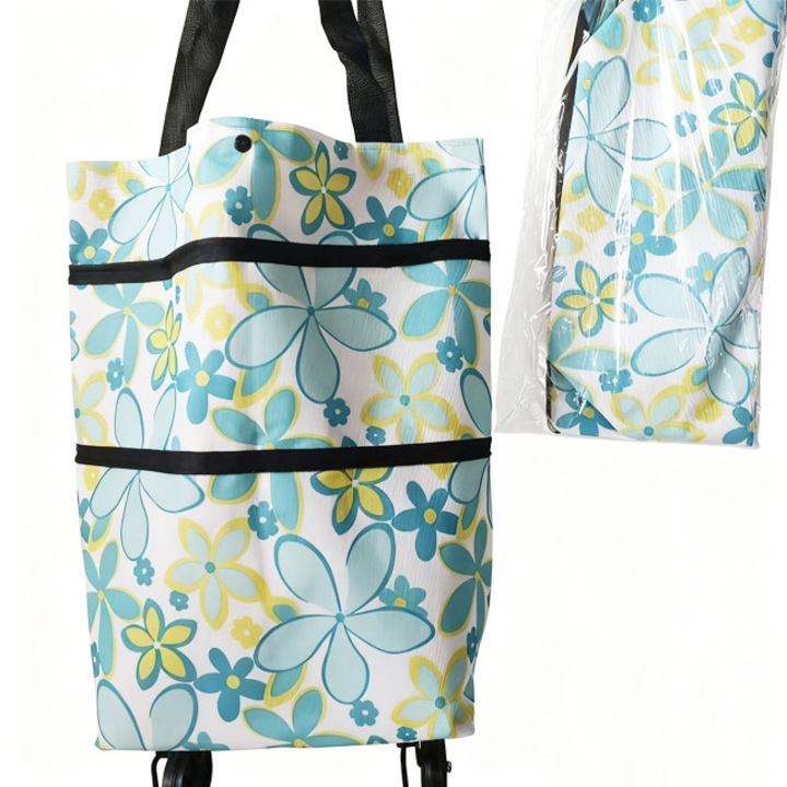 Сгъваема пазарска количка, 600D, водоустойчива, 10L, с колела, ергономичен дизайн, бял фон със сини, червени, жълти и розово-лилави цветя