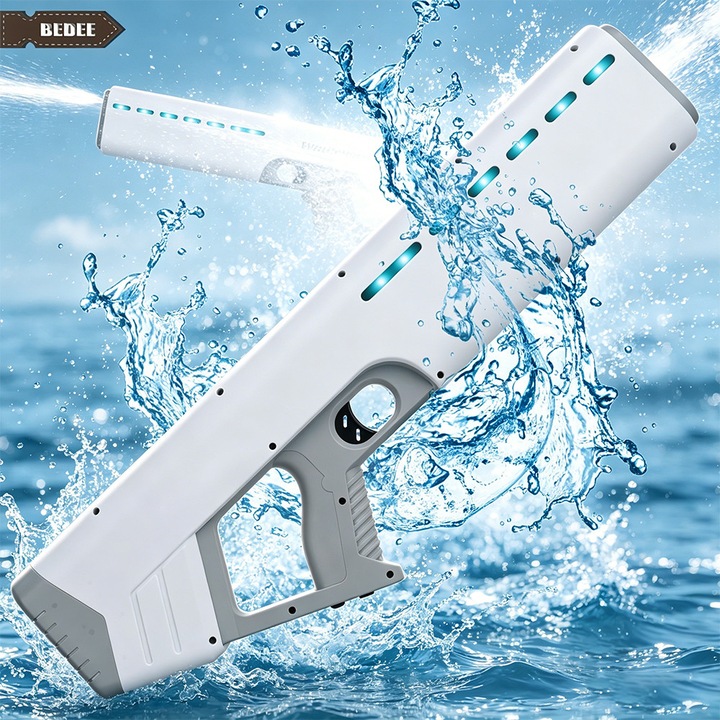 Pistol cu apa electric, Bedee, Pistoale automate cu apa, cu lumina de pana la 12 m, rezervor de apa cu capacitate de 600 ml, baterie modulara, jucarii cu pistoale cu apa pentru petreceri in aer liber, la piscina, pe plaja, in aer liber, de vara, Alb/Gri