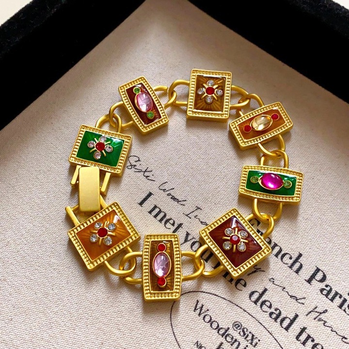 Colier floral vintage cu strasuri, cupru, aurie, 44x2cm