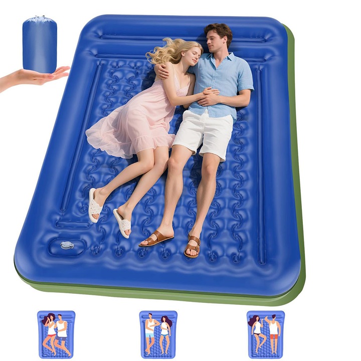 Saltea de camping, Doua persoane, Bedee,200 x 135 x 10cm, cu pompa de picior incorporata, saltea de trambulina gonflabila izolata pentru backpacking, drumetii, corturi si iarna, Albastru marin + verde