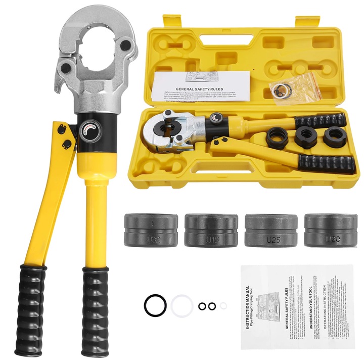 Cleste hidraulic pentru tevi, Unealta de sertizare, Bacuri profil U 16/20/25/32 mm, Pentru cupru/inox/PEX, Presiune reglabila, Constructie robusta