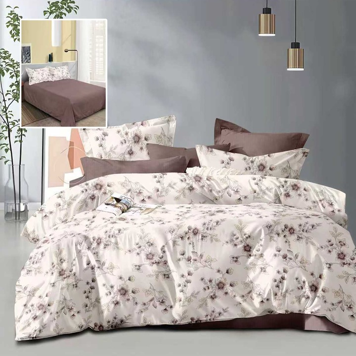 Economy kétszemélyes ágynemű 4 részes, ágyneműlepedő 230x250 cm és paplan 200x230 cm, 2 párnahuzat 50x70, Bézs / Barna virágok ECN41