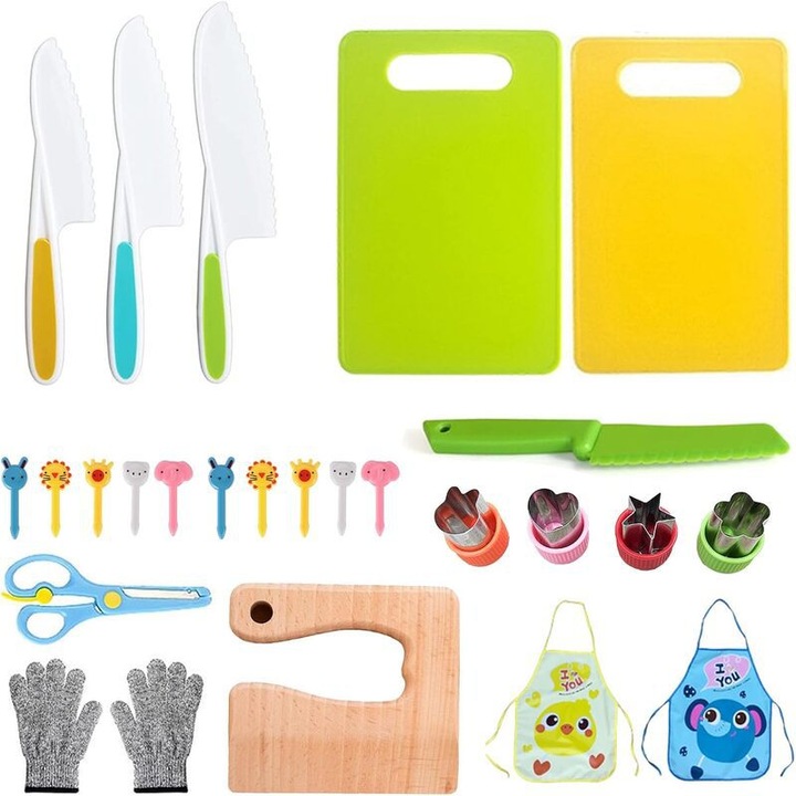 Set de jucarii de bucatarie pentru copii, 26 piese, unelte de bucatar din plastic prietenoase cu copiii, multicolor