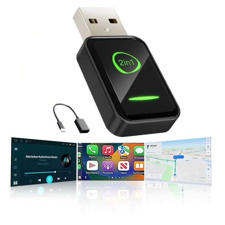 Adaptor Wireless CarPlay & Android Auto 2-in-1 Mini, WiFi 2.4/5.8GHz + Bluetooth 5.3, Plug & Play, Auto-Reconectare Rapida, Convertor CarPlay Wireless pentru iPhone iOS 10+ si Android 11+, Compatibil Masini 2016+, USB-A / USB-C