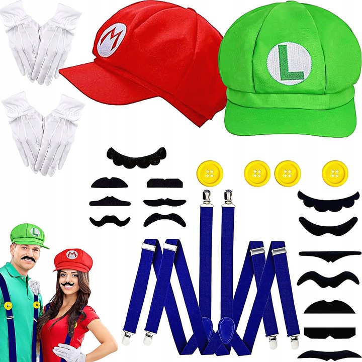 Set costum Super Mario Bros, YOUKUKE®, caciuli rosie Mario si caciula verde Luigi, suspensori elastici, mustati false, manusi albe, butoane galbene