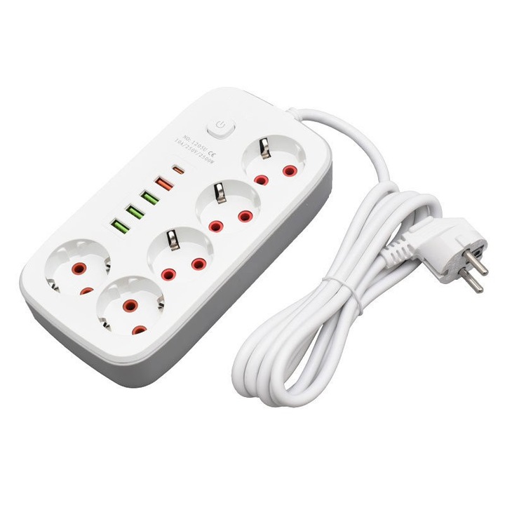 Разклонител 5 контакта, 2м, 4 USB PD порта, превключвател с LED, компактен