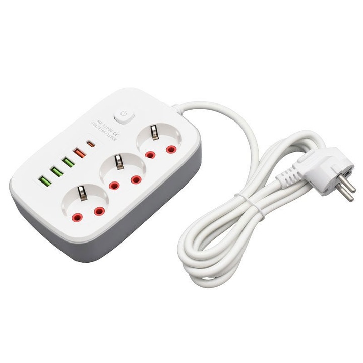 Разклонител с 3 контакта и 4 USB порта, LED превключвател, 2м