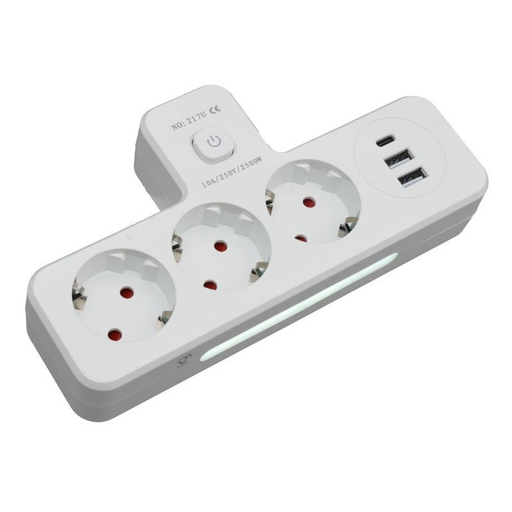 Háromszoros elosztó 3 forgatható aljzattal, 2 USB QC3.0 porttal, USB-C PD 20W, fehér, 110x110x55mm