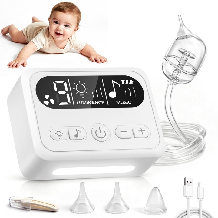 XPQKDC® elektromos orrszívó babáknak, 9 szívási szint, éjszakai fény, altatódalok, 3 élelmiszeripari szilikon fúvóka, csipesz, fehér