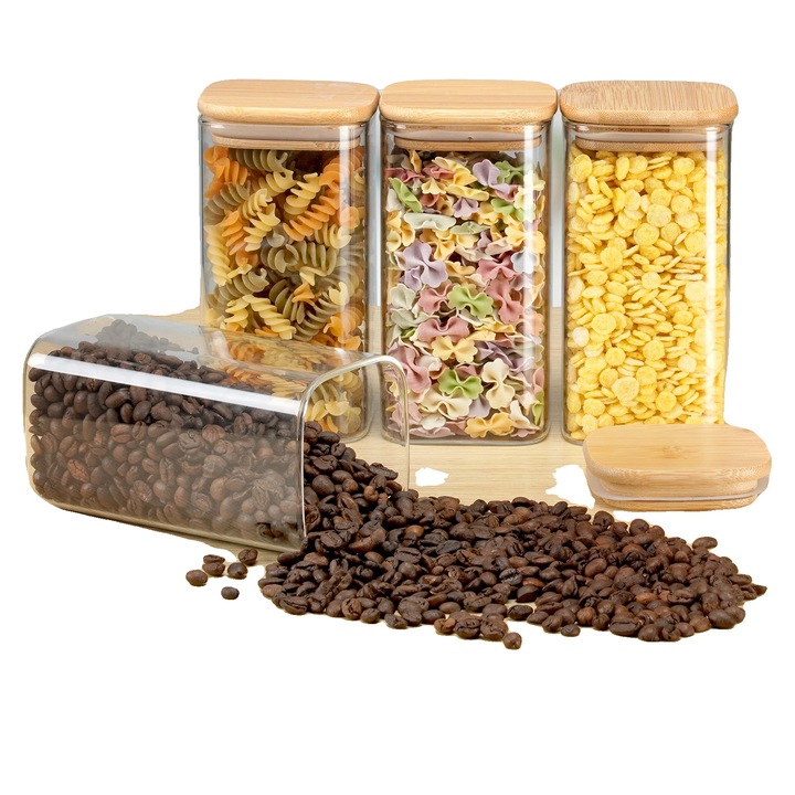 Комплект от 12 прозрачни стъклени буркана с бамбукови капаци, херметични, за съхранение