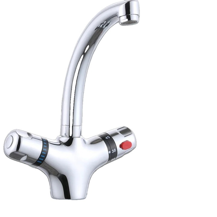 Sanitér csaptelep, mosogatópultra szerelhető, termosztátos, ezüst, 230x195mm