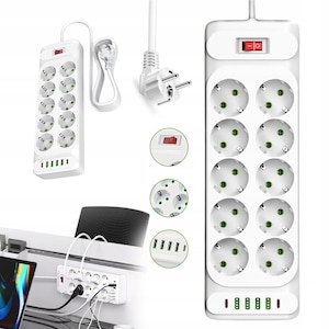 Prelungitor, Bedee, 2500W, 16 in 1, Bloc Multipriza, 10 Prize, 4 USB A, 2 USB C, Cablu 2m, Protectie la Suprasarcina si Supratensiune, Ignifug, Buton On/Off, Potrivit pentru Birou si Acasa, Alb