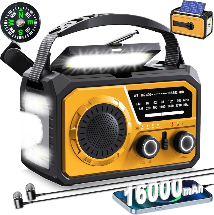 Radio de urgenta cu acumulator 16000mAh, cu manivela si alimentare solara, cu difuzor Bluetooth, lanterna, incarcator telefon, busola, semnal SOS, portabil, portocalie