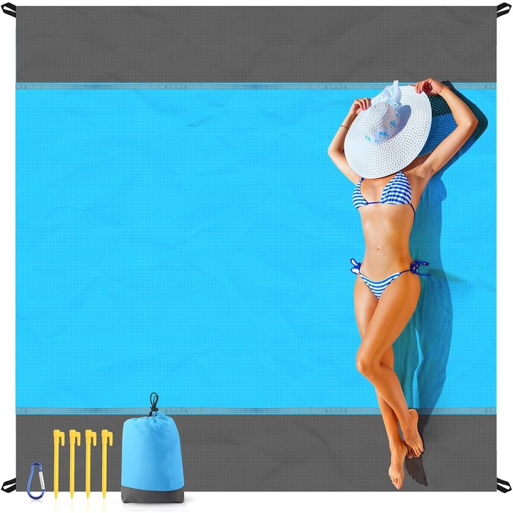 Cearsaf de plaja cu geanta de transport si accesorii pentru fixare in nisip, YSBER®, impermeabil, 210x200cm, Nylon, Poate gazdui intre 2 si 7 adulti, fiind ideal pentru picnicuri, camping si drumetii, Gri albastrui
