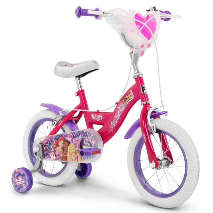 Bicicleta copii Huffy 14", alb, roz, violet, 4 roti, 1 viteza, pentru fetite, 100x110cm, max 34kg