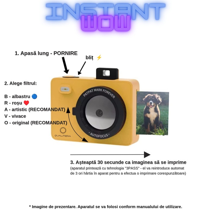 Фотоапарат за моментни снимки QUALITERA™ лимонено жълт: 5 ефекта за цветен печат, вградено огледало за селфита, калъф с презрамка, 3x10 листа за печат, фотоалбум, 5 магнитни рамки за снимки, кабел за зареждане