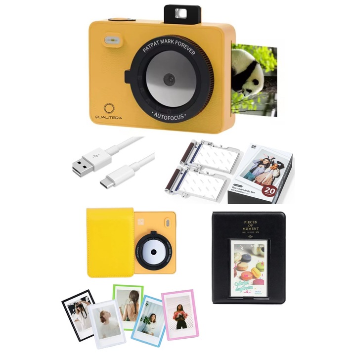 Фотоапарат за моментни снимки QUALITERA™ лимонено жълт: 5 ефекта за цветен печат, вградено огледало за селфита, калъф с презрамка, 3x10 листа за печат, фотоалбум, 5 магнитни рамки за снимки, кабел за зареждане