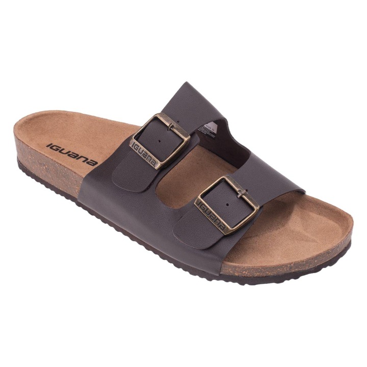 Iguana férfi papucs, bőr, gumi/parafa talp, fekete