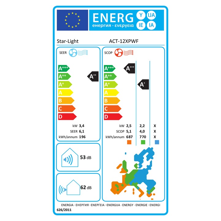 Aparat de aer conditionat Star-Light ACT-12XPWF, AI control, Control WiFi, 12000 BTU, Clasa A++, 3D Air Flow, I Feel, Functie incalzire, Alb