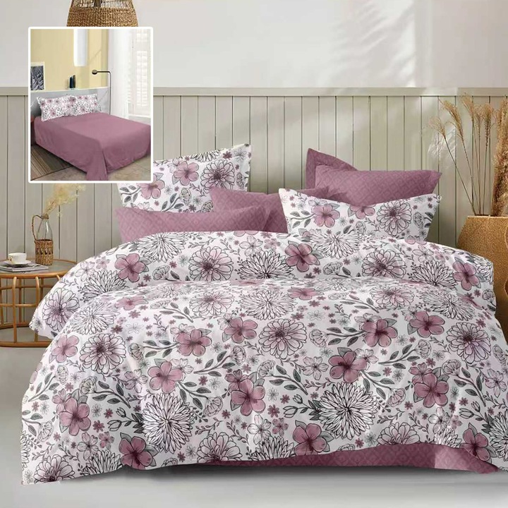 Gazdaságos kétszemélyes ágynemű 4 részes, ágyneműlepedő 230x250 cm és paplan 200x230 cm, 2 párnahuzat 50x70, Rózsaszín virágmintás ECN38