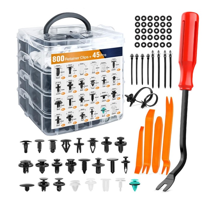 Set 845 clipsuri auto, AFKSMILE, Clipsuri si elemente de fixare auto, Universale, 24 dimensiuni, Cutie de depozitare, 10 legaturi cabluri si scule de indepartare, Pentru decorarea si intretinerea panourilor auto, Plastic, Negru
