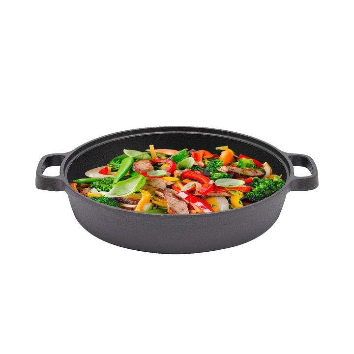 Чугунен тиган, 25 см, с двойни дръжки, издръжлив дизайн, универсална употреба