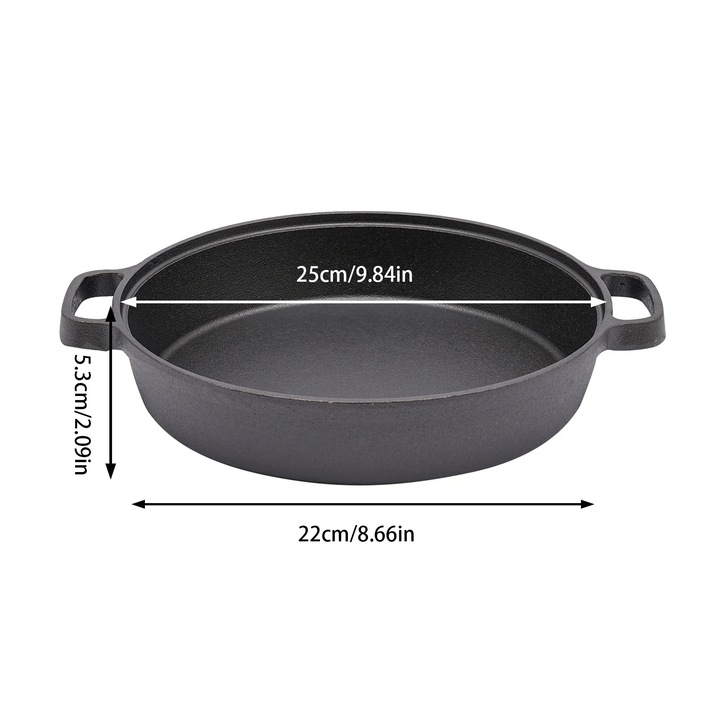 Öntöttvas edény, Dutch Oven típusú, Kétfogantyús serpenyő, Fedél nélkül, Indukciós főzőlapon használható, Vastag alj 4–5 mm, Átmérő 22 cm, Fekete