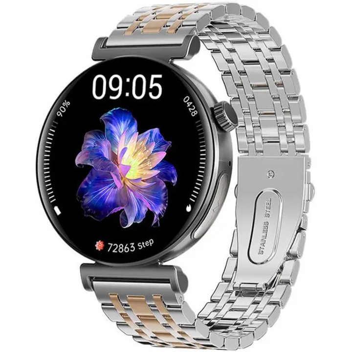 Ceas inteligent Aureline, afisaj AMOLED 1.28", monitorizare ritm cardiac, silver, 50x40x11mm