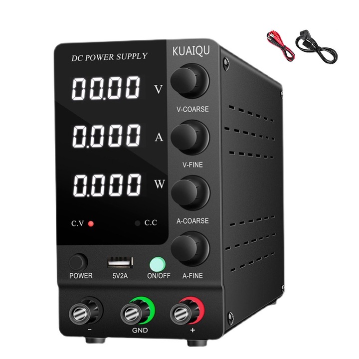 Sursa de alimentare de laborator, AFKSMILE, Tensiune De Alimentare: 220V, 50Hz, 30V, 10A, Monitor cu ecran mare de 100 x 600 mm， Sursa de alimentare CC de inalta precizie, Metal, Plastic, 24*8.5*15.5cm, Negru