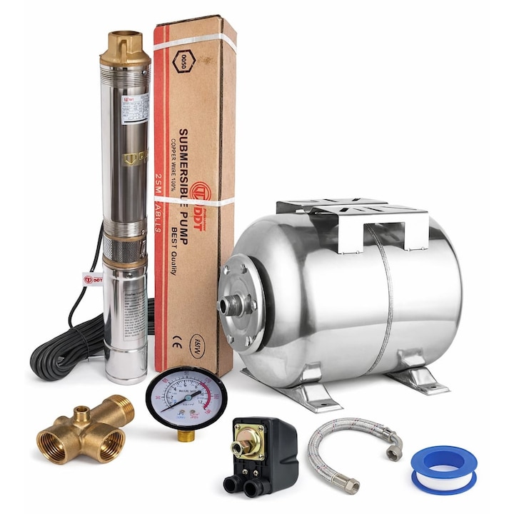 Kit complet hidrofor Pompa submersibila de adancime, DDT, 4QJD2-8, 1500 W, 8 turbine, 7 mc/h, 25 metri cablu+ Bazin inox 24 L + accesorii