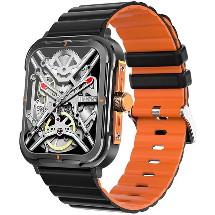 Ceas inteligent FusionX, 1.83 inch, monitorizare ritm cardiac, autonomie 36 ore, negru/portocaliu, 43x10.5mm