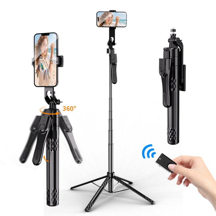 Selfie Stick Trepied cu Rotatie 360° & Telecomanda Wireless, Extensibil 73", Compatibil cu DSLR/Smartphone/Camera de Actiune, Stabilizator de Mana, Portabil & Durabil，Negru