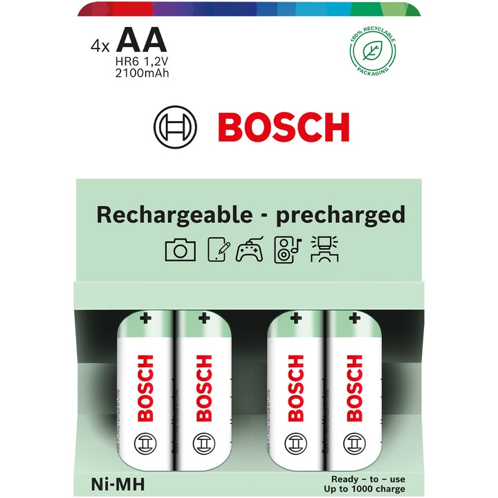 Акумулаторни батерии Bosch Rechargeable NiMh AA, HR6, 2100 mAh, 4 броя