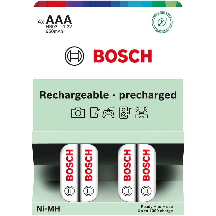 Акумулаторни батерии Bosch Rechargeable NiMh AAA, HR03, 950 mAh, 4 броя