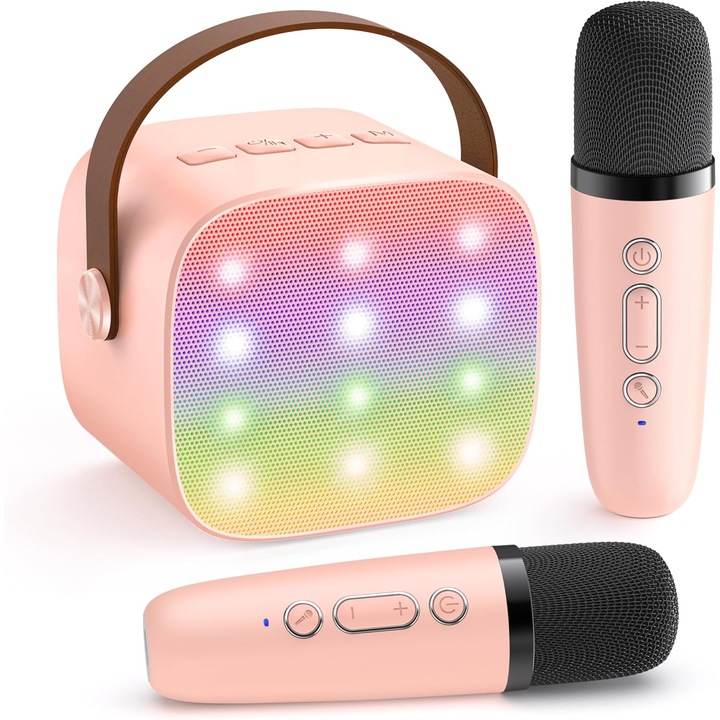 Gyerek Karaoke Készlet Hordozható Bluetooth Hangszóróval és 2 Újratölthető Vezeték nélküli Mikrofonnal, Gyerek Karaoke Magic Voice Hanghatásokkal, Karaoke Hangszóró Többszínű LED Fényekkel, Bluetooth 5.0, HiFi 3D Surround Hangzás, Rózsaszín, COMPANIERO