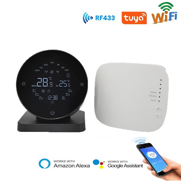 Termostat Smart Wireless WiFi RF433 Negru Cu Control Vocal Alexa Google Home, Control Din Aplicatie Tuya, Reglaj Rapid Temperatura, Ecran Touch Digital, Design Compact, Control De La Distanta, Integrare Smart Home, Economie Energie COMPANIERO