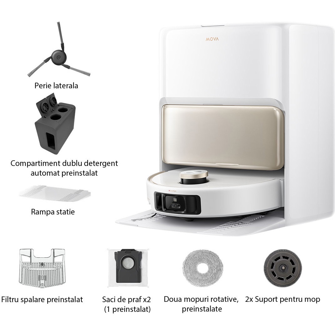Robot aspirator si mop MOVA V50 Ultra Complete, 24000Pa, Auto-curatare, Perii anti-incurcare, Statie inteligenta, Alb