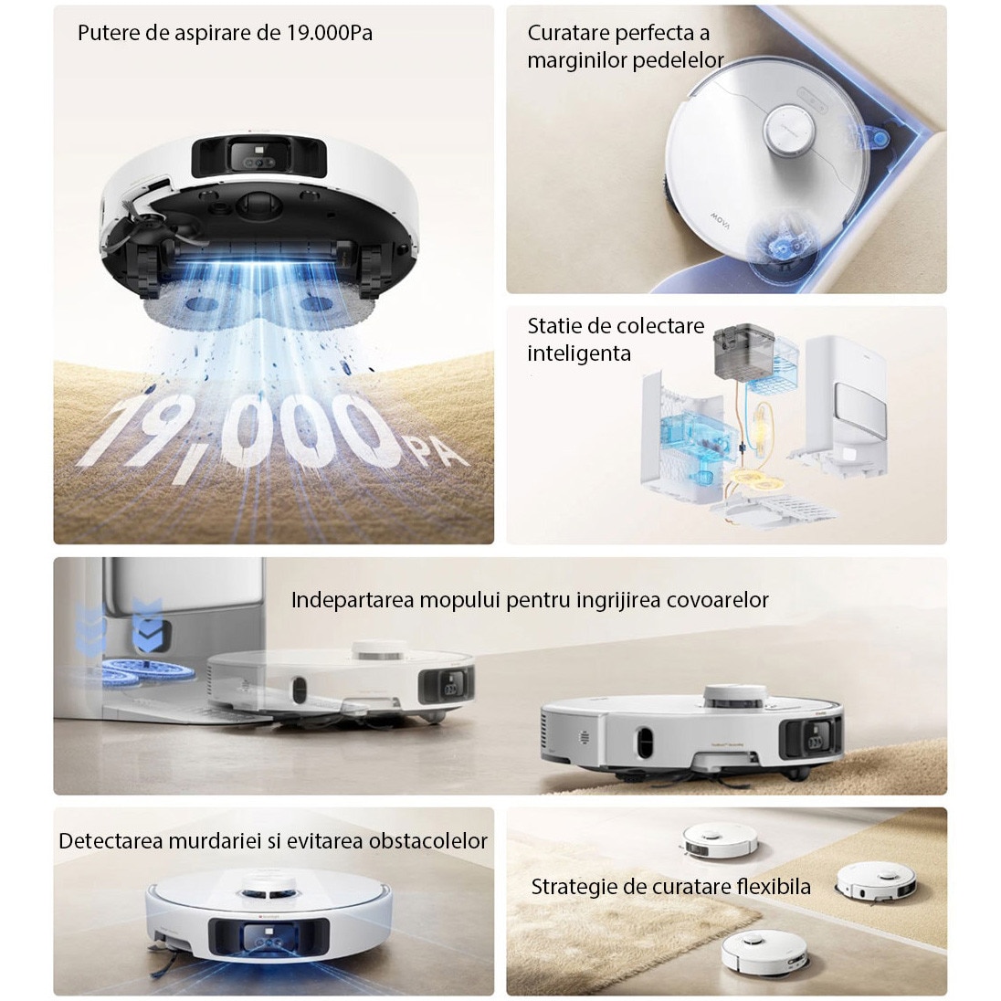 Aspirator robot cu mop Mova P50 Pro Ultra RLP53HE, 19.000 Pa, 5.200mAh, 210 min, FlexReach™, statie colectare inteligenta, alb