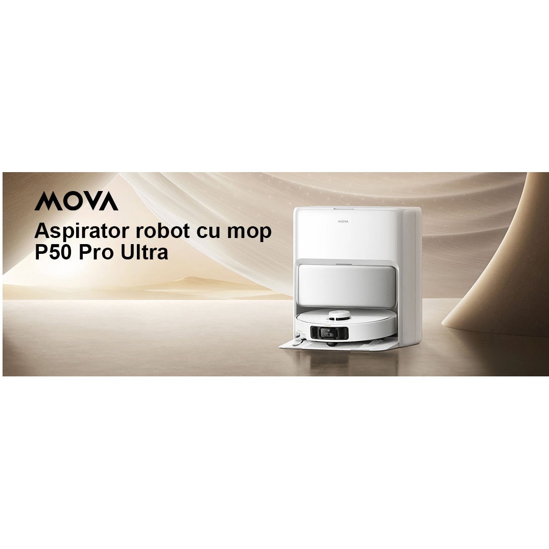 Aspirator robot cu mop Mova P50 Pro Ultra RLP53HE, 19.000 Pa, 5.200mAh, 210 min, FlexReach™, statie colectare inteligenta, alb