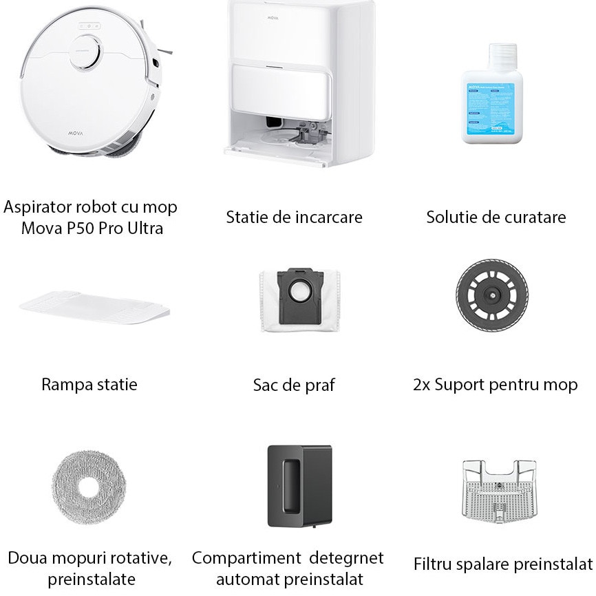 Aspirator robot cu mop Mova P50 Pro Ultra RLP53HE, 19.000 Pa, 5.200mAh, 210 min, FlexReach™, statie colectare inteligenta, alb