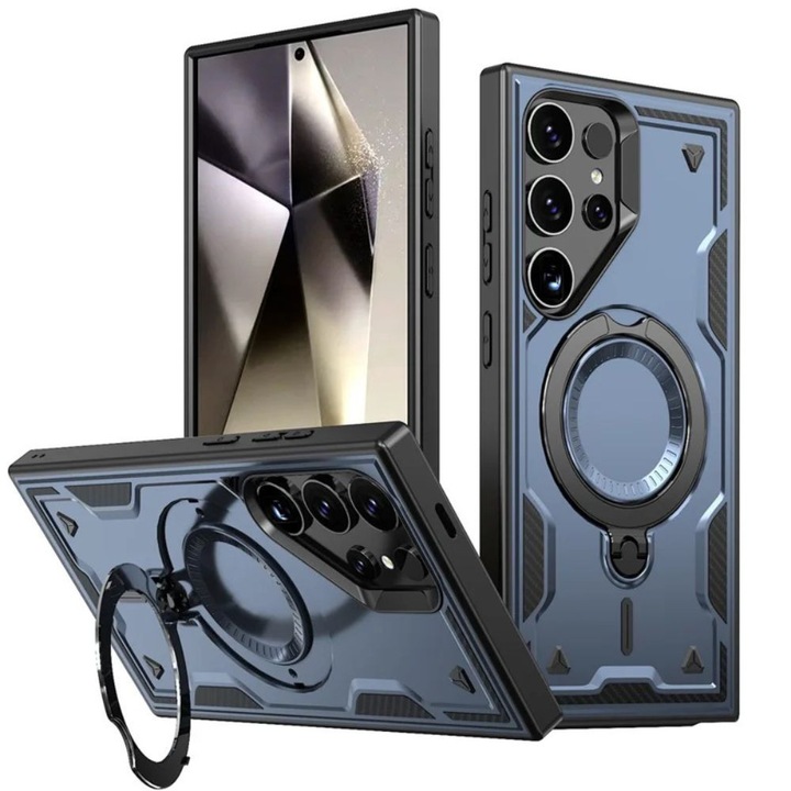 Калъф за Samsung Galaxy S26 Ultra, VortexArmor Titan-X Pro, Въртящ се на 360 метален пръстен, Стойка на 120 градуса, Против удари, Защита на камерата, Текстура тип карбон, Против надраскване, Хибриден материал, TPU, Син