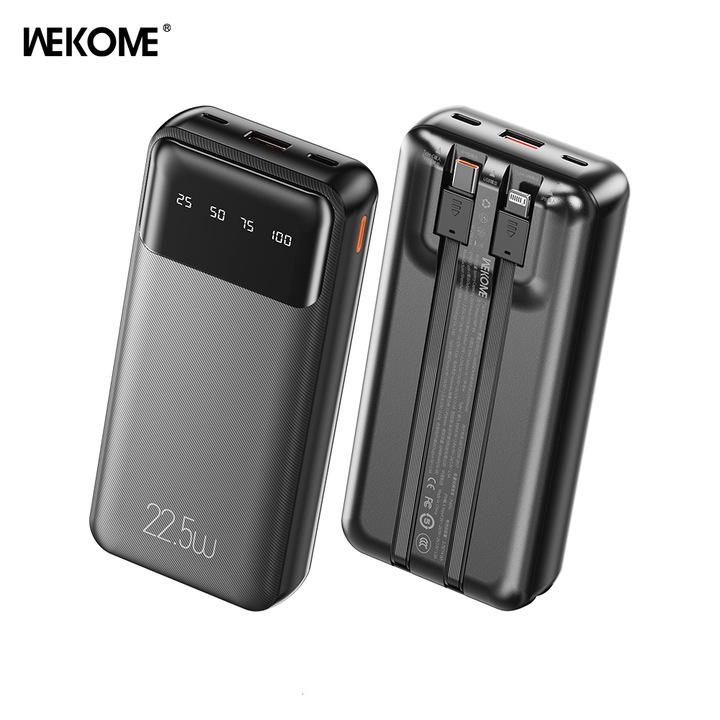 Външна батерия Wekome® Thunder WP-64, 20000mAh, Супер бързо зареждане 22.5W PD, 2 изхода, Вградени двойни кабели, за телефон, таблет, дълги пътувания