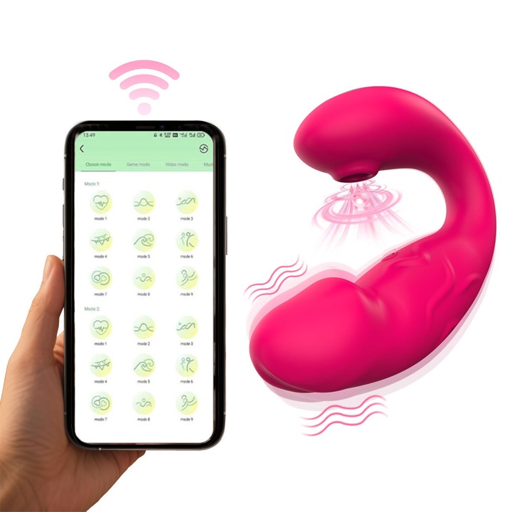 Вибратор многофункционален, 9 режима на вибрации и стимулация чрез смучене, 2 в 1 със стимулатор на клитора и G-точката, Силикон, Контрол чрез приложение, USB зареждане, водоустойчив